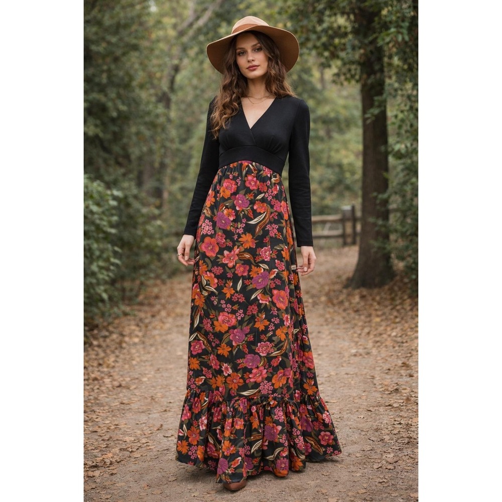 Vtg‎ 70s Dress Leslie Fay Floral Empire Waist Maxi Small Psychedelic Ruffle Hem